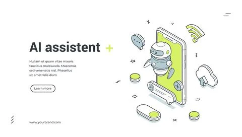 AI assistant chatbot mobile app customer support isometric contoured web bann Stock Illustration
