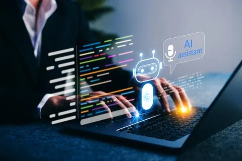 AI assistant for coding. Businessman using automation on laptop, showcasing.. Stock Photos