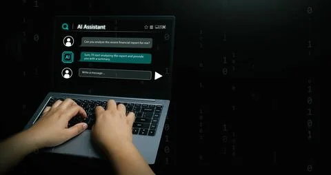 AI assistant concept. Hands using a laptop with a chatbot interface and mes.. Stockfoto's