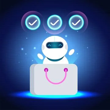 AI Assistant designed as a cute robot popping out of a shopping bag, with n.. 스톡 일러스트