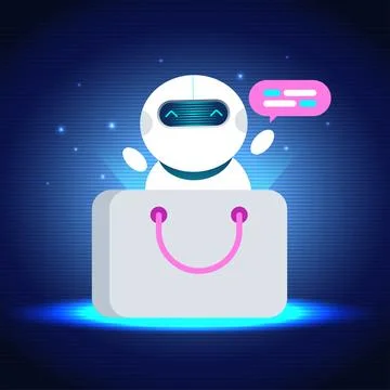 AI Assistant designed as a cute robot popping out of a shopping bag, intera.. Stock Illustration
