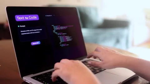 AI assistant, hands typing code prompt on laptop in tech workspace Stock Footage 313011316