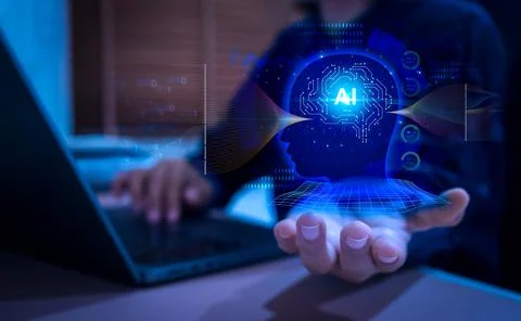 AI assistant interface with human hand using laptop, digital brain hologram.. Stock Photos
