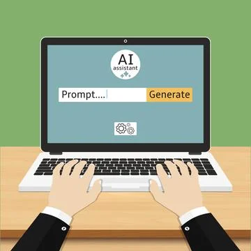 AI Assistant Interface on laptop. Hands typing on a laptop interface for AI.. Stock Illustration