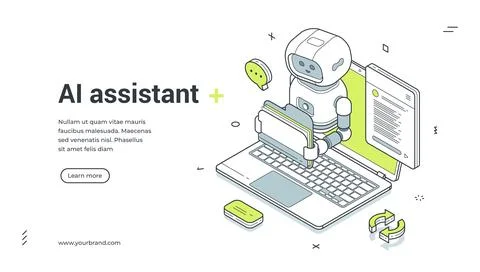 AI assistant isometric banner. Chatbot for customer support and online servic Illustrazione stock