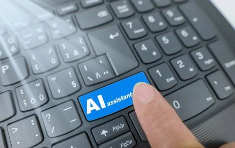 AI assistant key on a violet keyboard. Finger pressing key Stock Photos