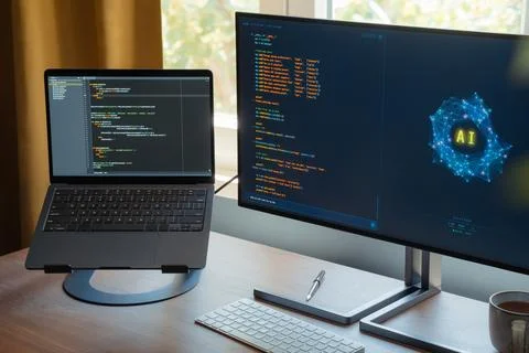 AI assistant or AI agent running automated tasks on computer in empty workspa 스톡 사진