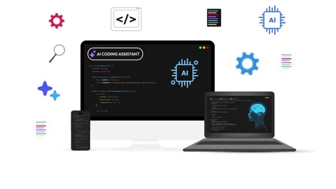 Ai assistant in programming and coding concept with multiple devices showing Stock Footage 306103301