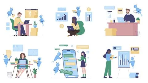 AI assistant support in business or education set, intelligent robots help Stock-Illustration