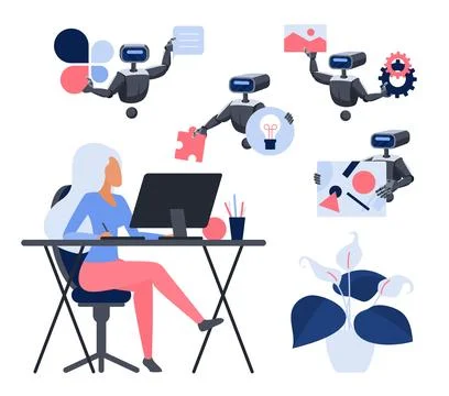 AI assistant support for designer, robots help working girl artist at computer Stock Illustration