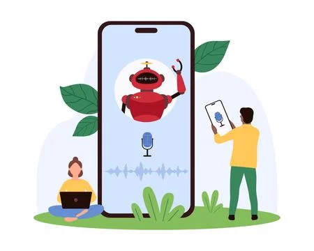 AI assistant, virtual conversation of tiny customer and chatbot on smartphone 库存插图