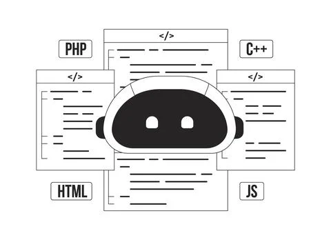 AI-assisted coding black and white concept vector spot illustration Stock Illustration