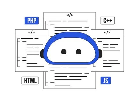 AI-assisted coding duo color line concept vector spot illustration 스톡 일러스트