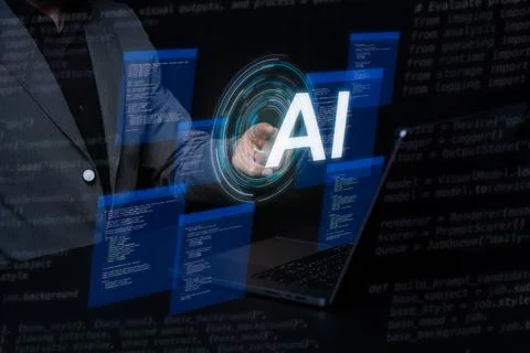 AI assisted programming on a laptop, with virtual source code tools support.. 스톡 사진