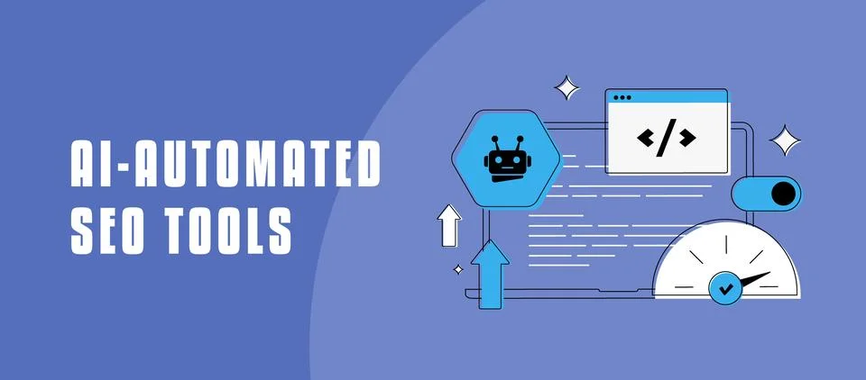 AI automated SEO tools optimize search rankings. Automated ai seo tools Stock Illustration