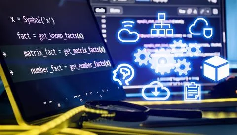 AI Automation and Cloud Workflow Concept with Software Code, Tech Icons and.. 스톡 사진