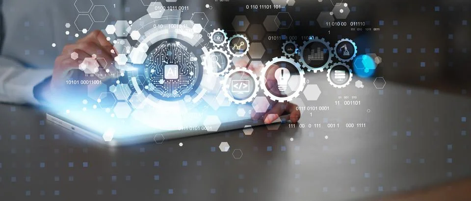 AI Automation and Machine Learning Process Visualization in Digital Workflow. Stock Photos