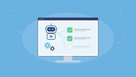 AI automation concept with a robot on a screen completing task checklist, blue Vídeos de archivo 342596734