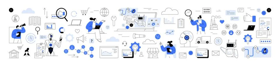 AI automation, data-driven insights and customer experience. Analytics, AI bo Stock Illustration