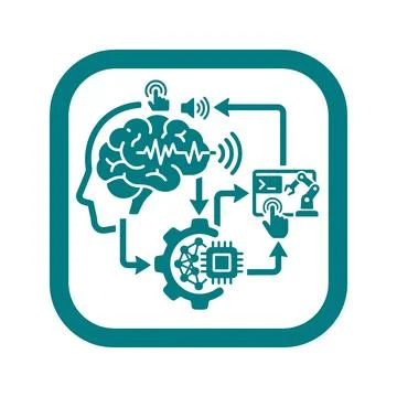 AI automation system with human head, brain, robot arm, and chip. 스톡 일러스트