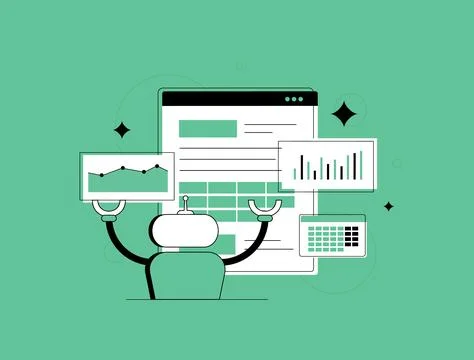 AI automation system managing data analysis, business intelligence reports Stock Illustration