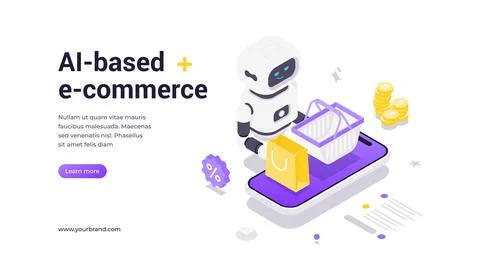AI Based E Commerce Modern Isometric Banner Template With Robot And Shoppin.. Stock Illustration
