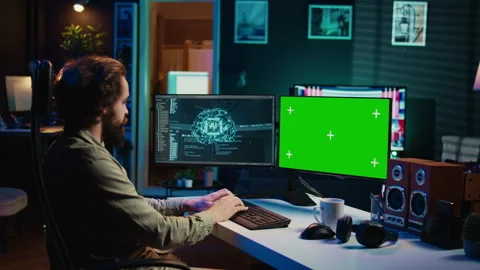 AI becoming sentient, asking existential questions, green screen computer Stock Footage 266952857