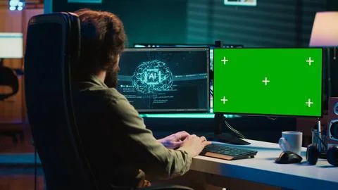 AI becoming sentient, asking existential questions, green screen computer Stock Photos