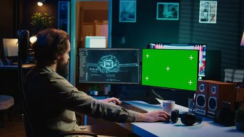 AI becoming sentient, asking existential questions, green screen computer Stock Photos