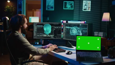 AI becoming sentient, chatting with computer scientist, green screen laptop Stock Footage 266949618