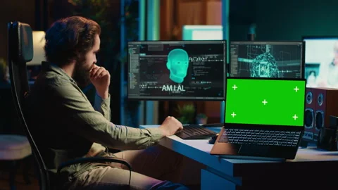 AI becoming sentient, chatting with computer scientist, green screen laptop Stock Footage 266951565