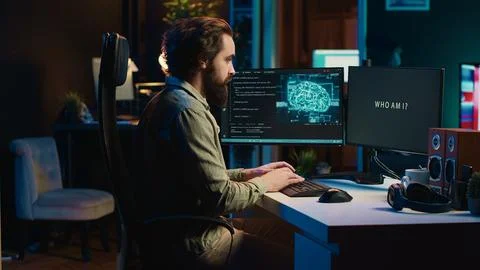 AI becoming sentient, talking with programmer, asking questions Stock Photos