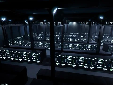 AI big data server room with racks Illustrazione stock