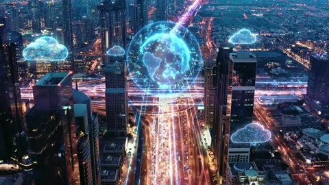 AI Big Data Wifi Network 5G Application Panoramic Skyline Of Metropolitan City Stock Footage 141423200