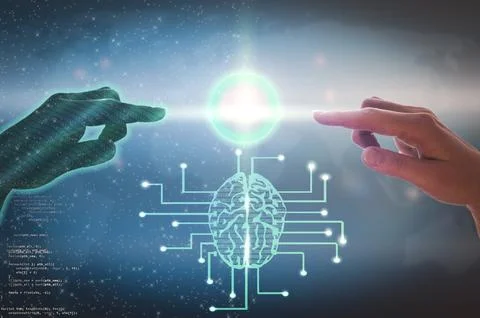 AI, Big data. Woman's hand and artificial intelligence. The concept of learni Stock Illustration