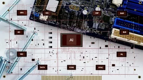AI block appearing overlay forming tagged tiles linking AI, camera zooming out Stock Footage 337579172