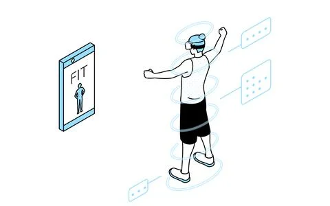 AI body shape measuring men, with VR fitness app with VR goggles on. Ilustración de archivo