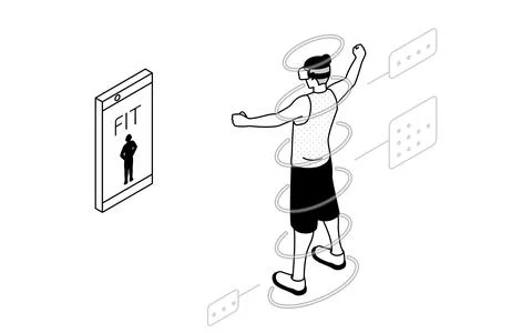 AI body shape measuring men, with VR fitness app with VR goggles on. Ilustración de archivo