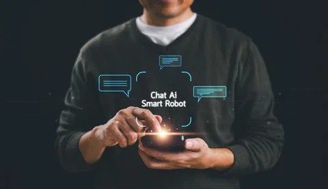 Ai bot chat with customer, blue background. Man use smartphone chat Ai, Artif Stock Photos