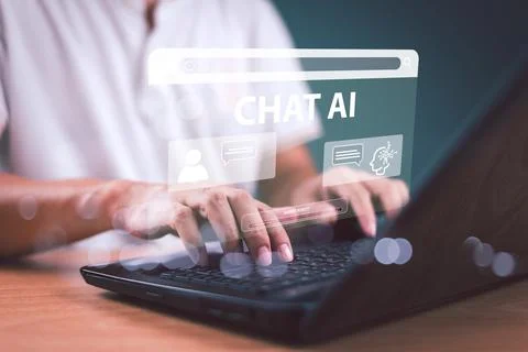 Ai bot chat with customer, blue background. Man use computer laptop chat with Stock Photos