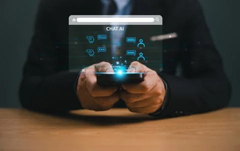 Ai bot chat with customer, blue background. Man use smartphone chat Ai, Artif Stock Photos