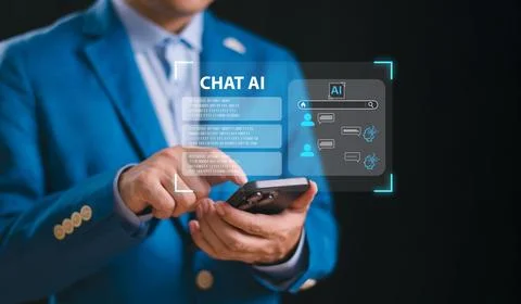 Ai bot chat with customer, blue background. Man use smartphone chat Ai, Artif Stock Photos