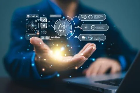 Ai bot chat with customer help modern business. Businessman use computer open Stock Photos