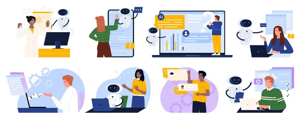 AI Bots Assisting with Digital Work Tasks Stock Illustration