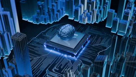 AI Brain Activation on Chip with Smart City in 3D Animation Stock Footage 298449735