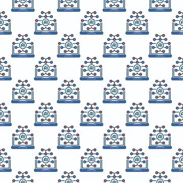 AI Brain and Laptop Computer vector colored seamless pattern イラスト素材