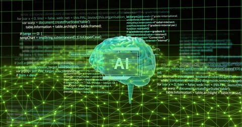 AI brain and programming code animation over green digital grid background Stock Footage 304767627