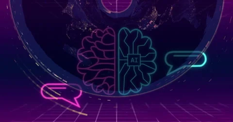 AI brain and speech bubbles animation over digital world map background Stock Footage 304022612
