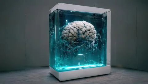 AI brain behind light blue glass in secret laboratory Stock Illustration