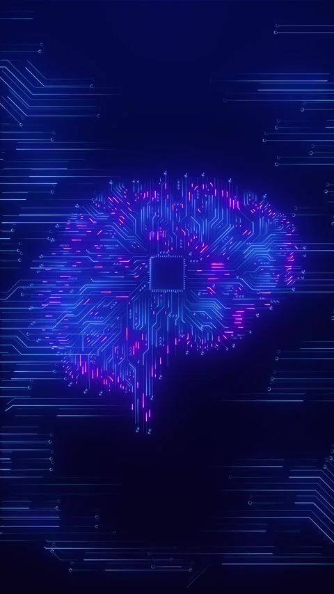 AI brain circuit background with blue and purple glowing processor lines, centra Stock Footage 340553676